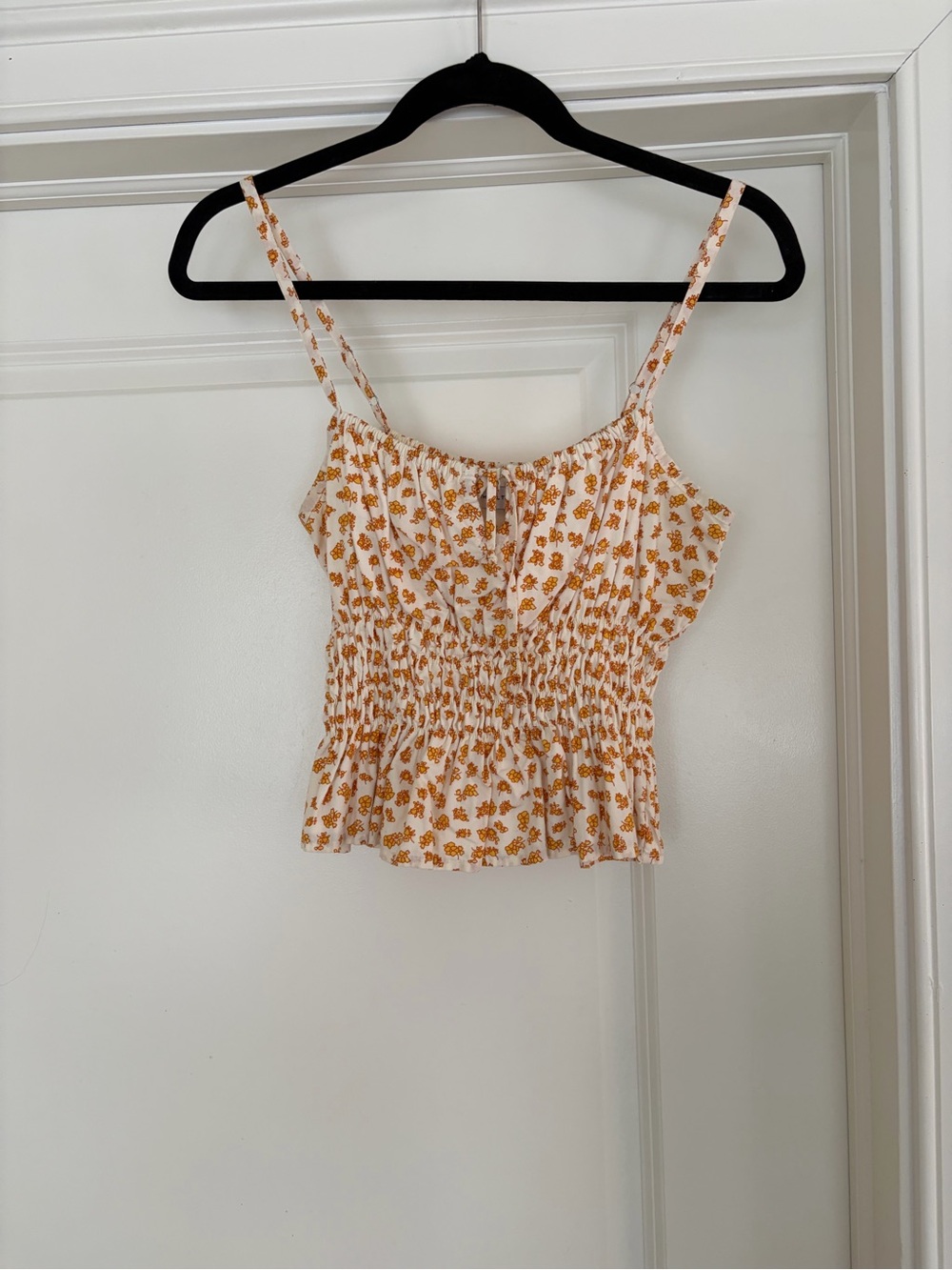 Faithfull the Brand White Floral Smocked Crop Top with Mustard Print